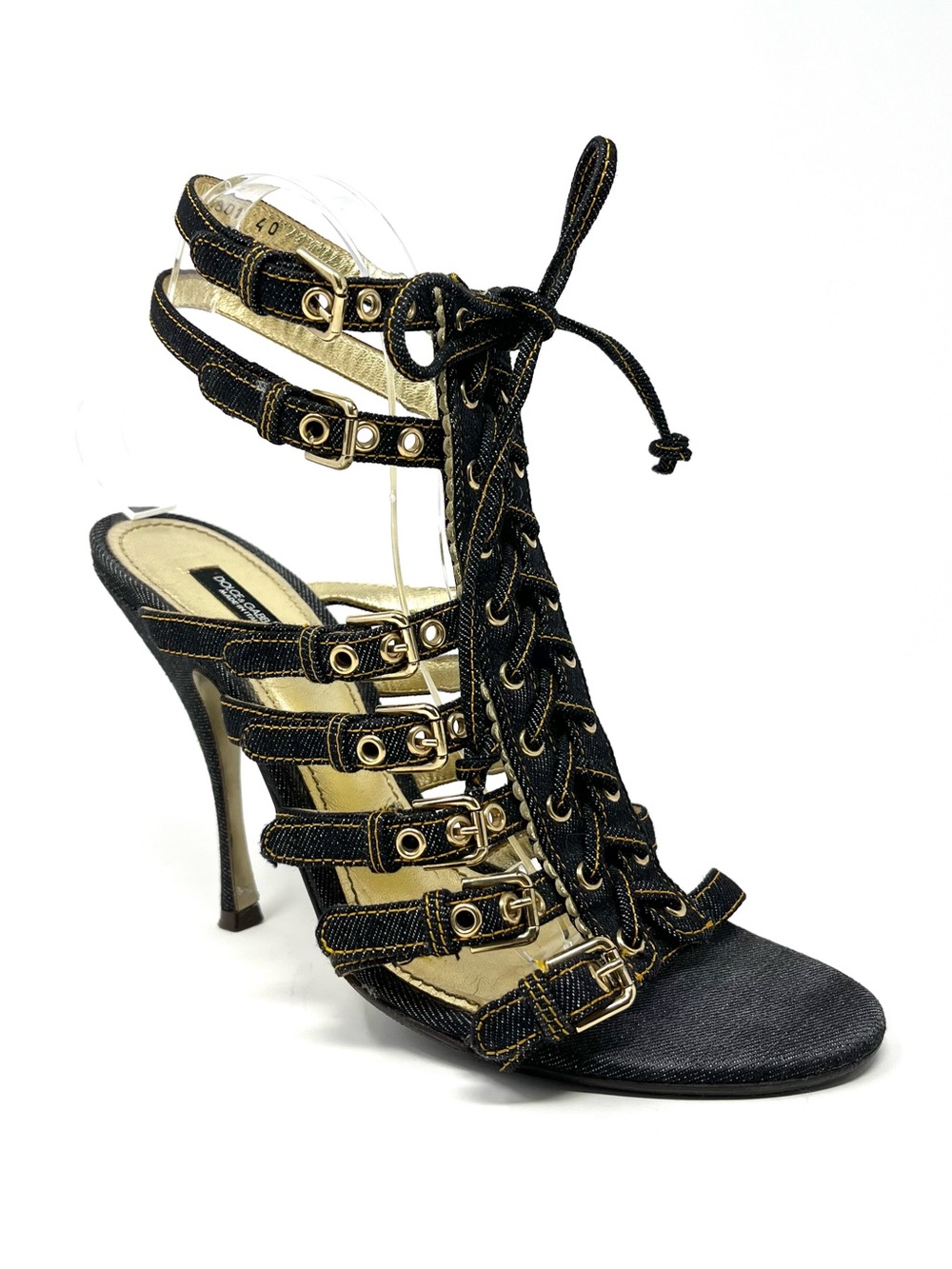 Vintage Dolce & Gabbana Y2K Blue Denim Caged Lace Up Gladiator Sandals Heels 40